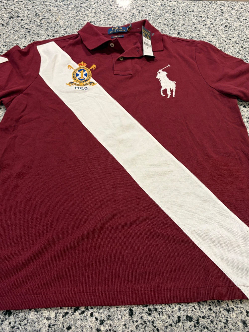 NWT Polo by Ralph Lauren Men’s Burgundy Polo with White Stripe and Big Pony L